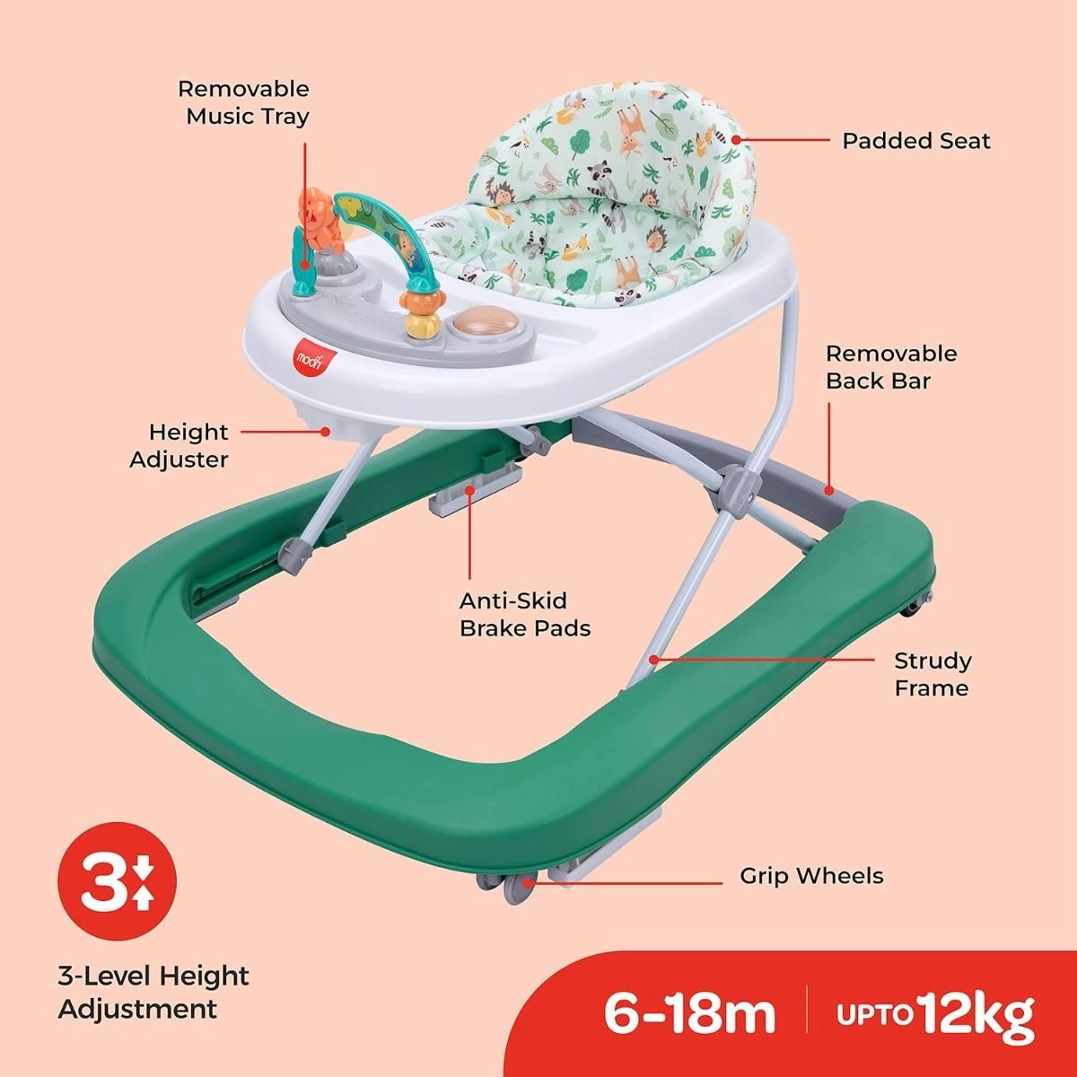 Stride Height Adjustable Walker - With Music