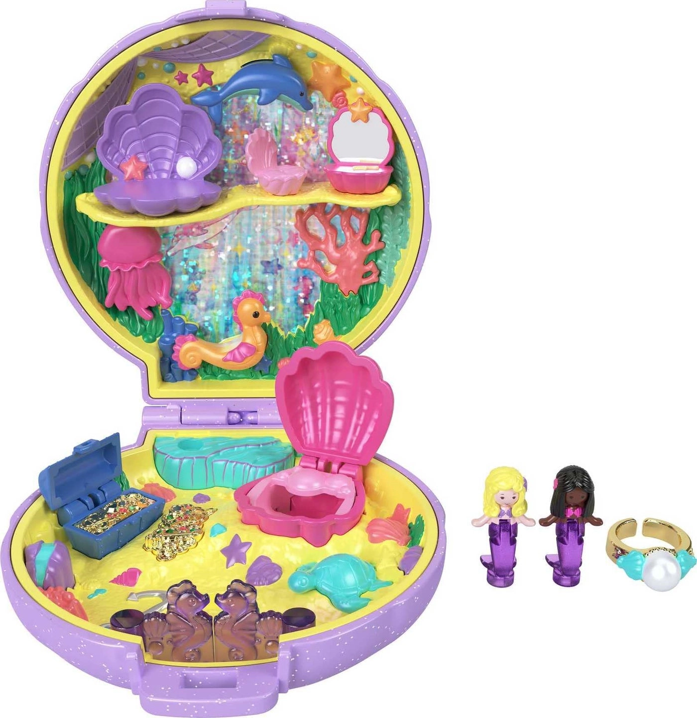 Tiny Power Seashell Purse Compact - Micro Polly and Lila Mermaid Dolls Wearable Strap Ages 4+
