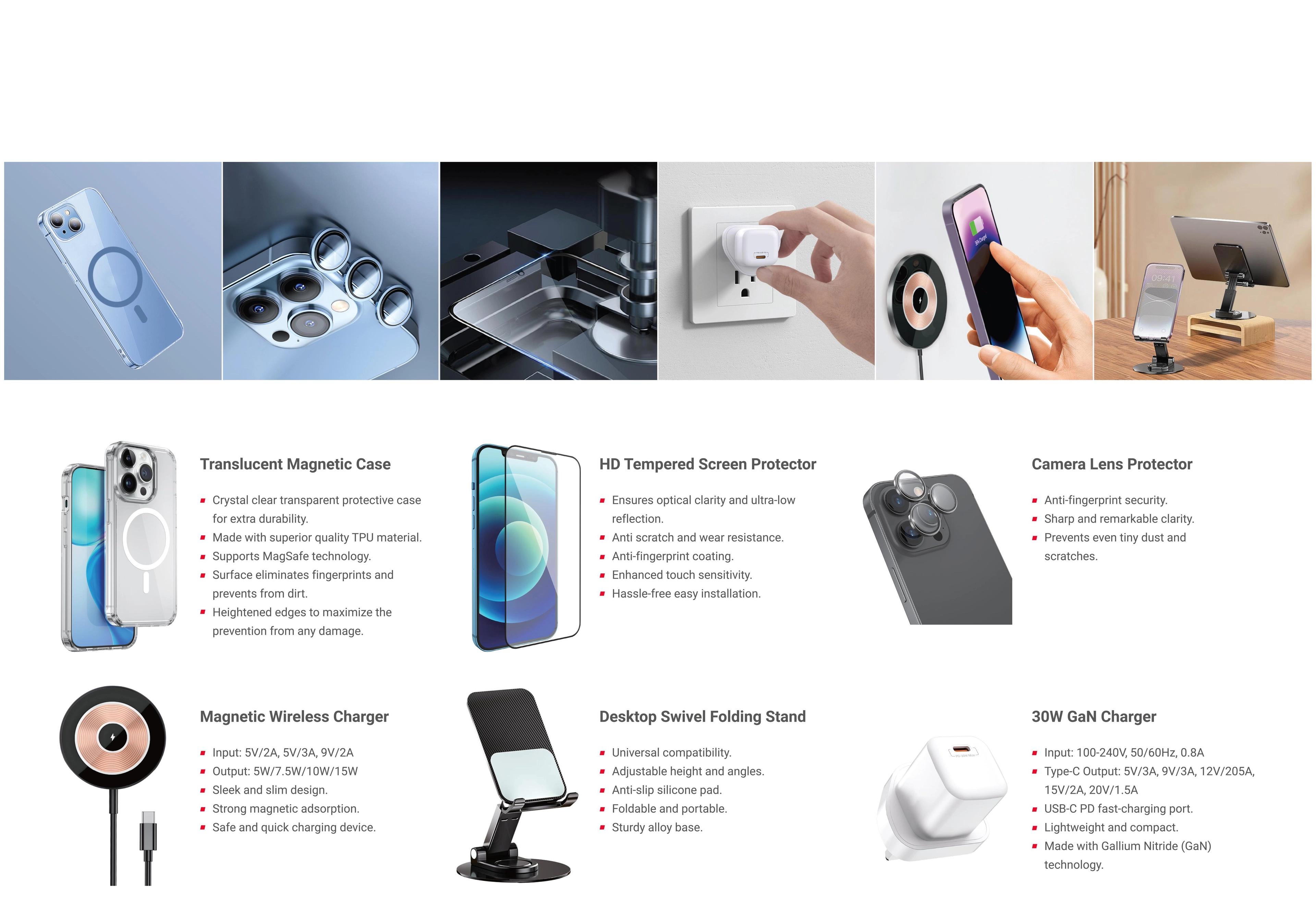 Trands Magnetic Case - iPhone 15 Pro Max + Tempered Screen Protector - iPhone 15 Pro Max + Camera Lens Protector - iPhone 15 Pro Max + Magnetic Wireless Charger + Swivel Folding Stand + 30W GaN Charger