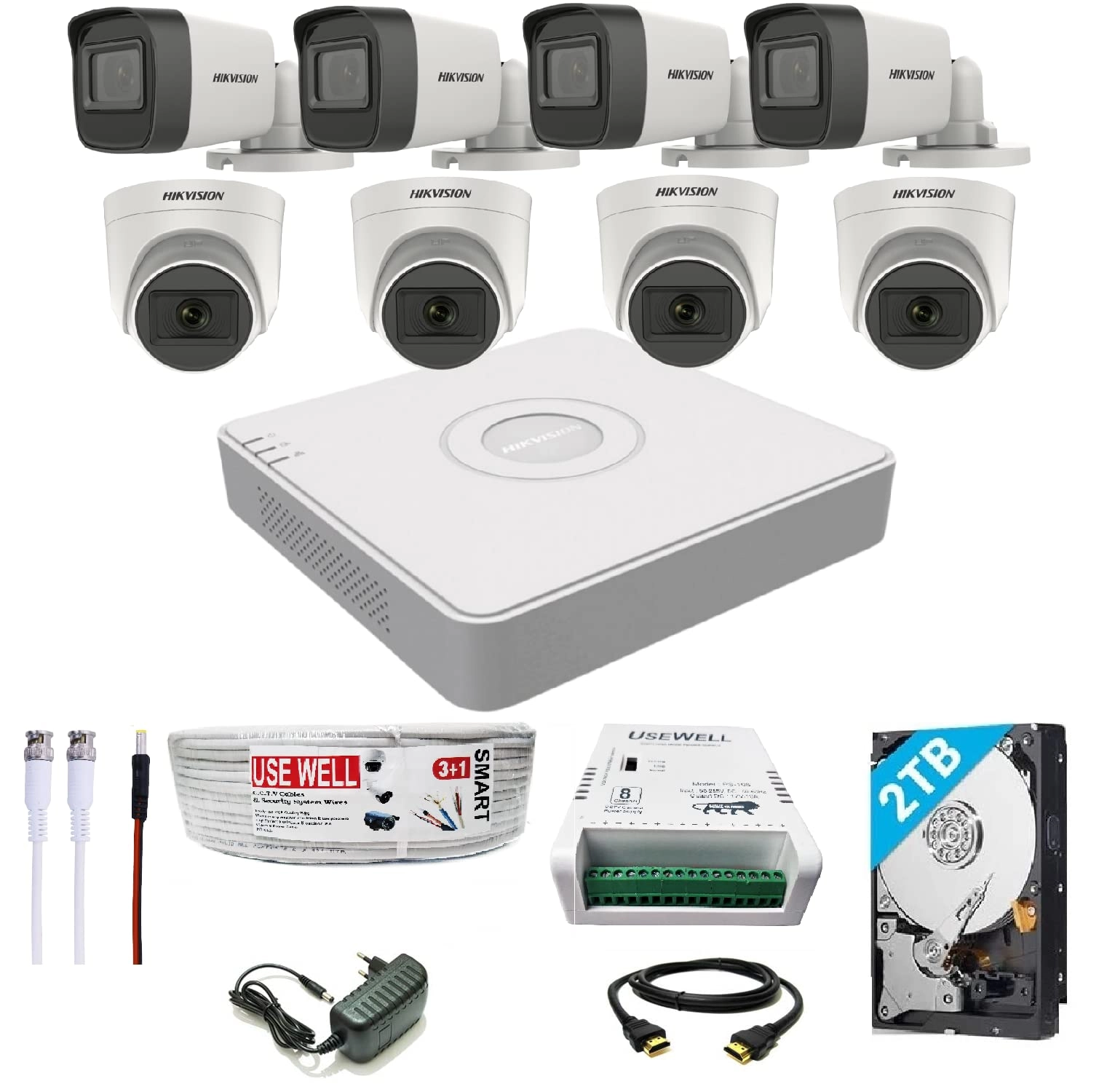 Prama Hikvision India 8 Channel DVR + 5 MP 4 Dome & 4 Bullet Cameras + 2 TB HDD + (3+1) Cable roll + 8 CH Power Supply + USEWELL BNC & DC