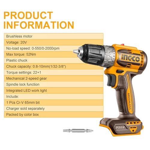 20V Lithium-Ion Brushless Cordless Drill - 52 Nm 22+1 Torque Body Only