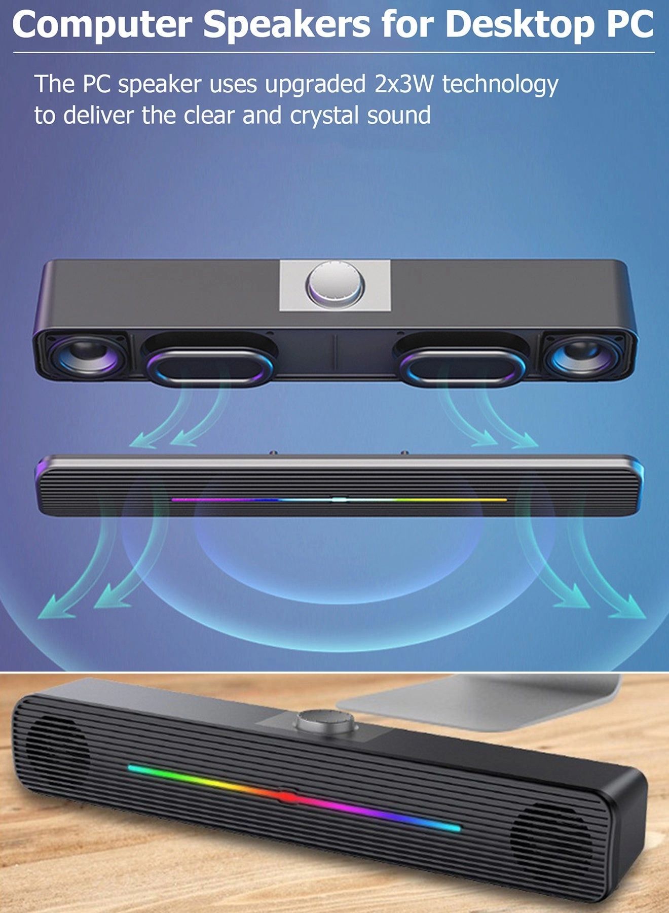 Computer /Laptop Speakers - USB-Powered 3.5mm AUX Plug Gradient RGB Lighting