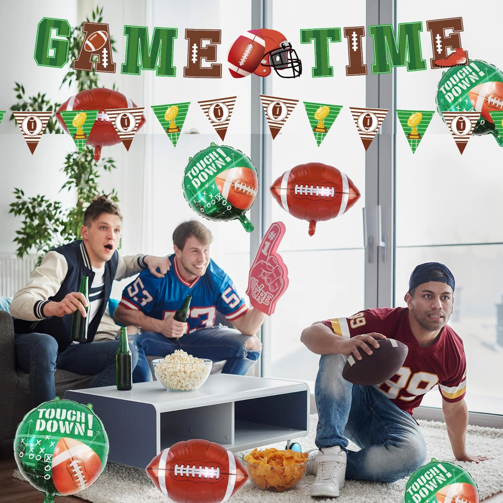 GAME TIME Banner + Round 'Touchdown!' Foil Balloon - 6 Pcs + Football Foil Balloon - 6 Pcs