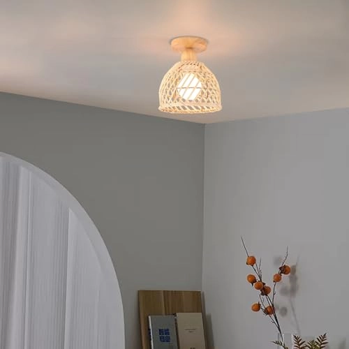 Retro Rattan and Wood Bohemian Design Ceiling Light