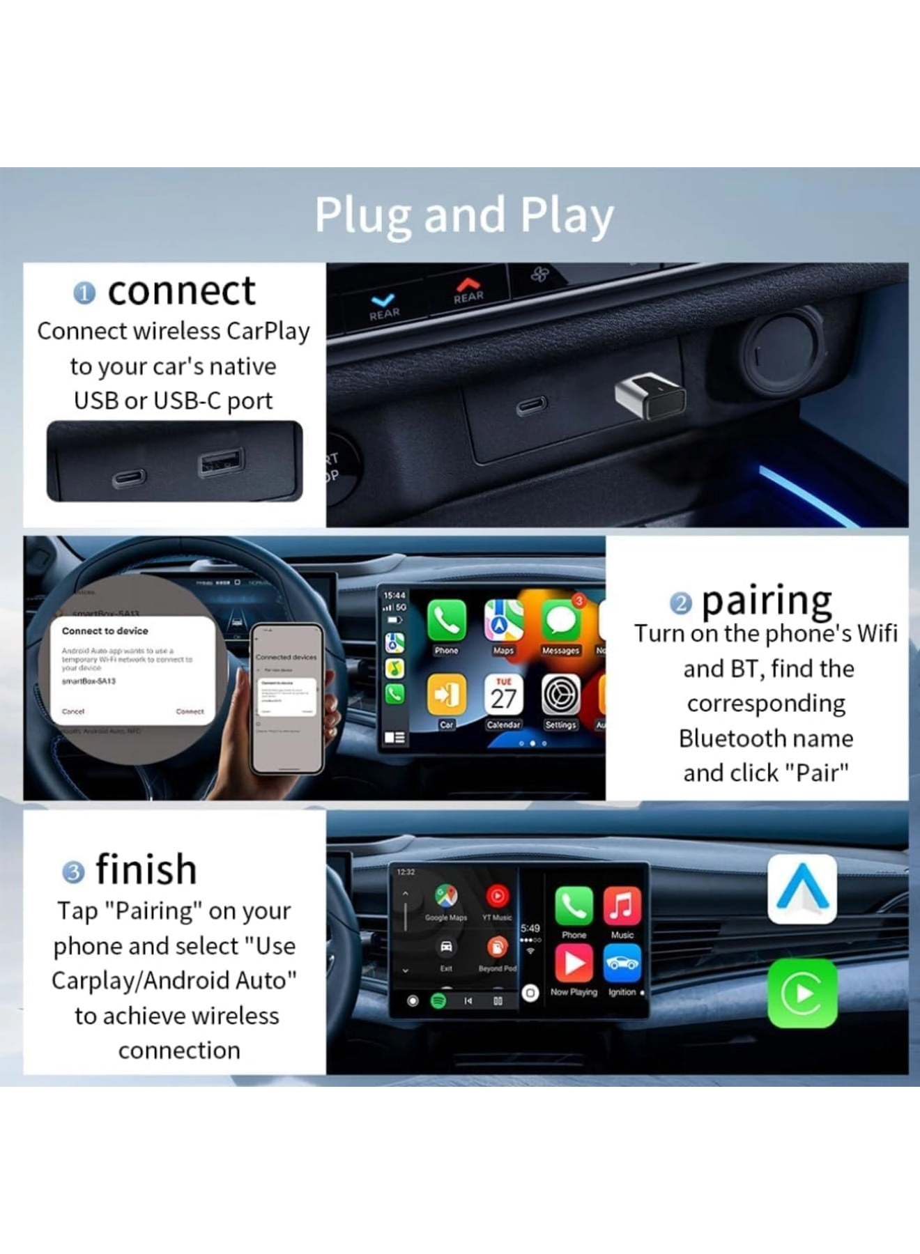 Wireless CarPlay Adapter - 2-in-1 Mini Plug and Play Low Latency