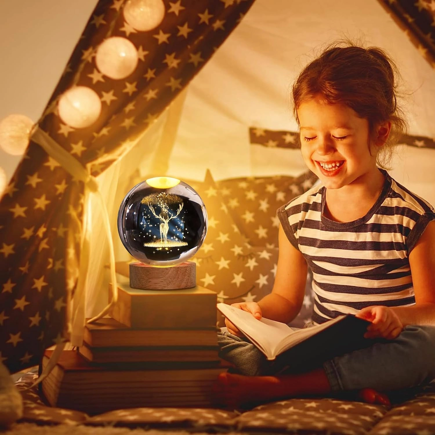 3D Engraved Deer Crystal Globe Lamp - Warm White USB Wooden Base
