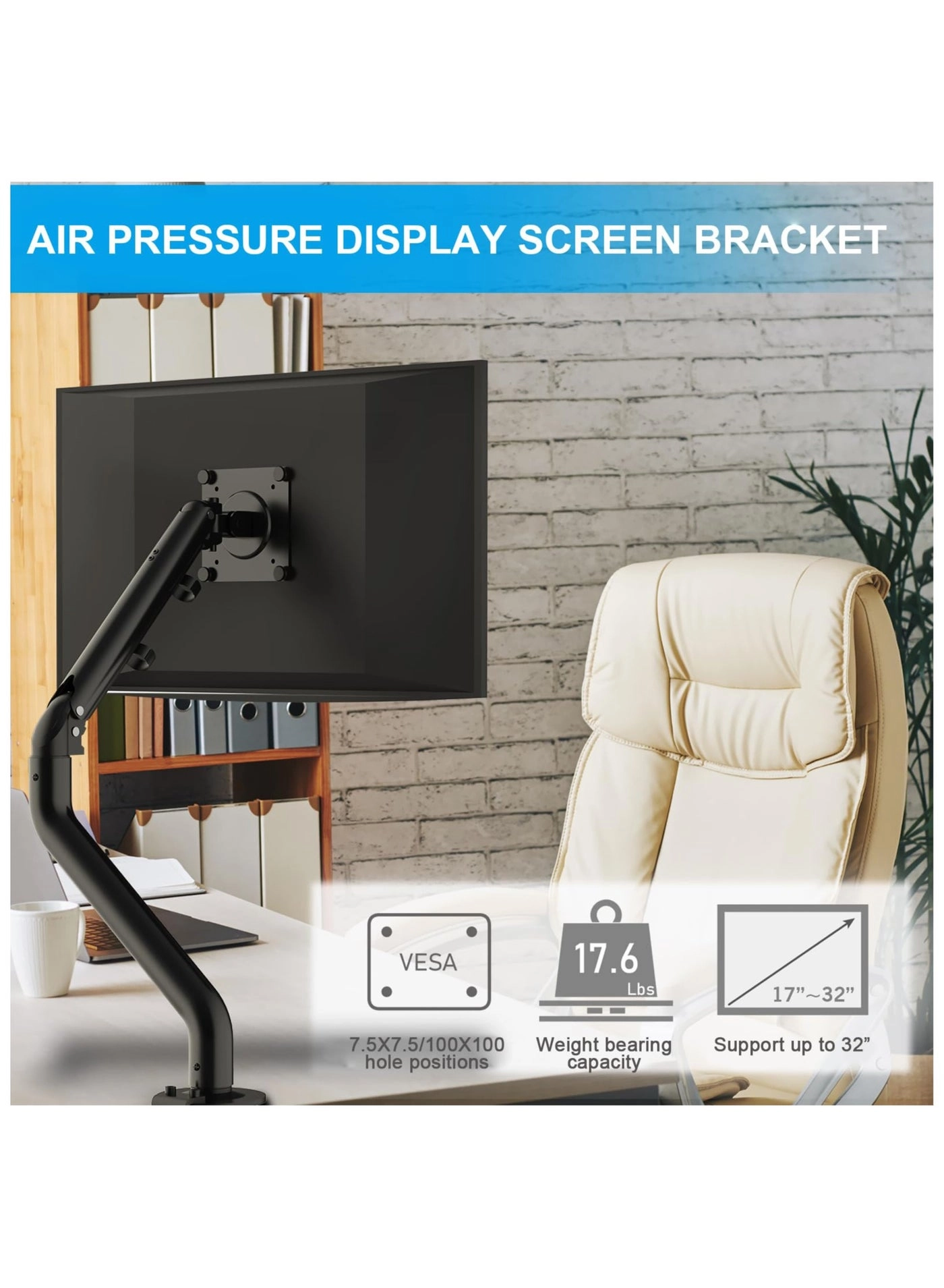 Gas Spring Monitor Arm - 32 in VESA 75x75/100x100mm