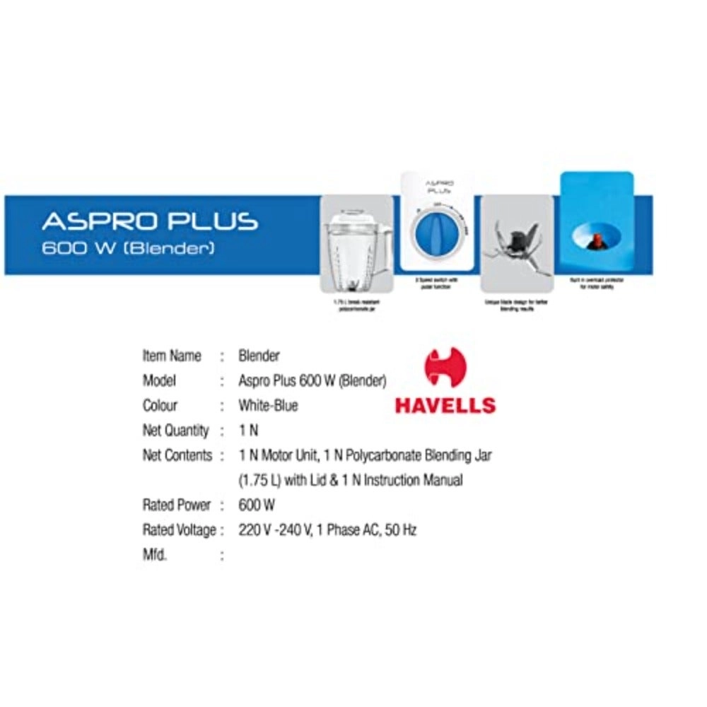 ASPRO Plus 600W - Jar Lock Microswitch for Additional Safety, Flow Breaker in Jars For Better Blending, 3 Speed with Pulse Function