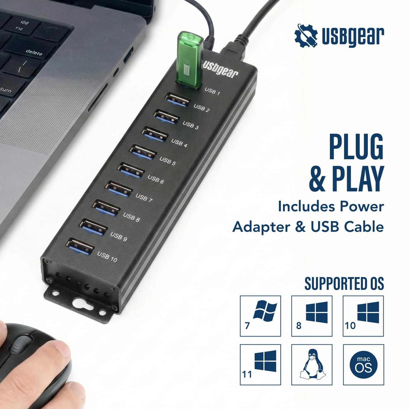 USB 3.2 Gen 1 Mountable Charging and SuperSpeed Data Hub - 10-Port Up to 900mA per Port