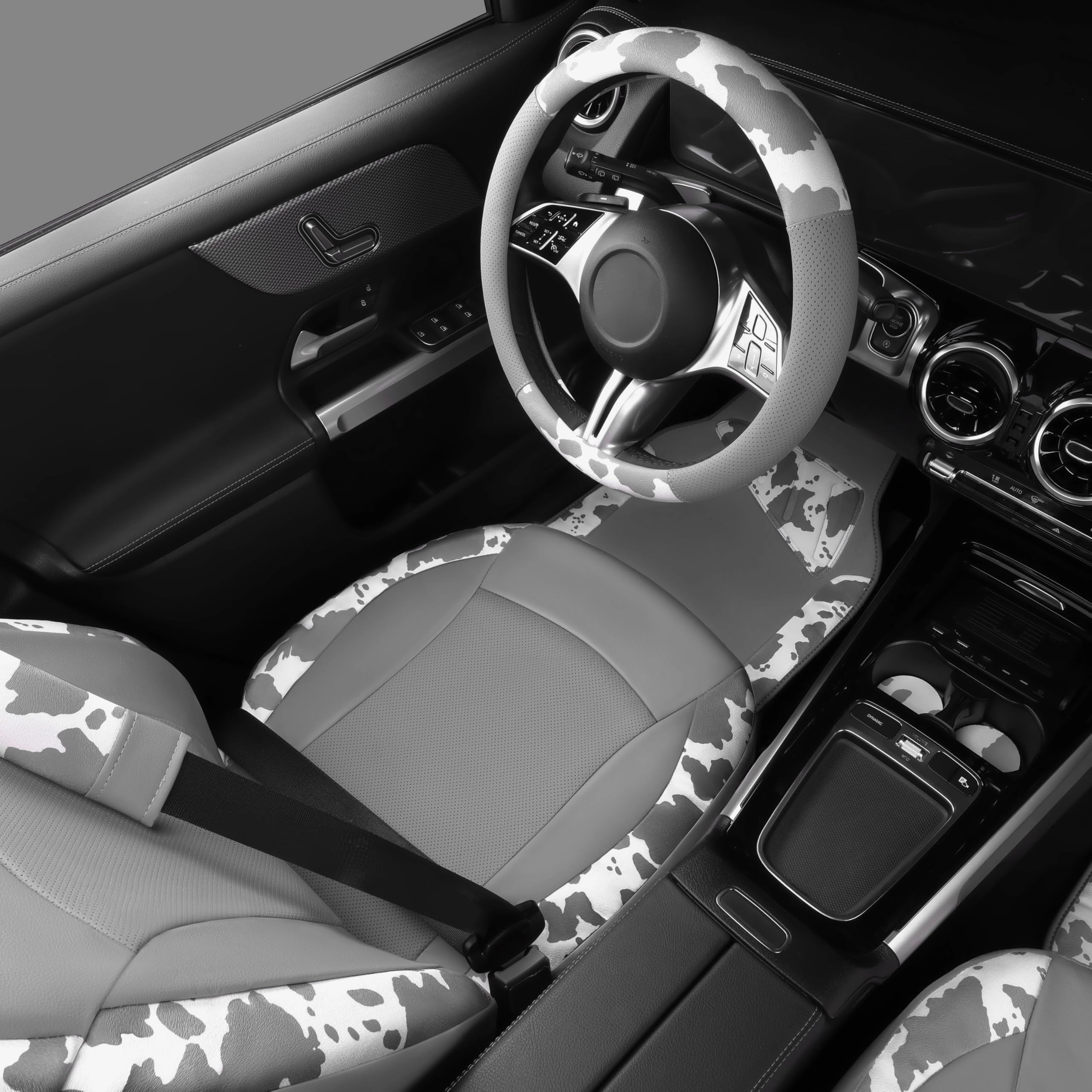 Car Seat Covers - Air Mesh Leather + Car Floor Mats - Waterproof + Steering Wheel Cover - Sporty