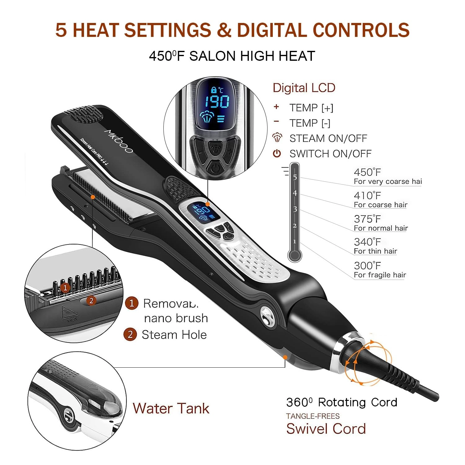 Hair Straightener with Steam - Nano Titanium Ceramic Removable Comb Digital LCD