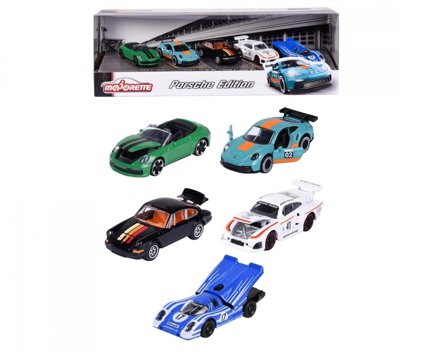 Majorette Porsche 917 + Porsche 911 Carrera RS 2.7 + Porsche 911 Carrera S Cabriolet + Porsche 935 K3 + Porsche 911 GT3 Cup (992) - 1:64 5pcs