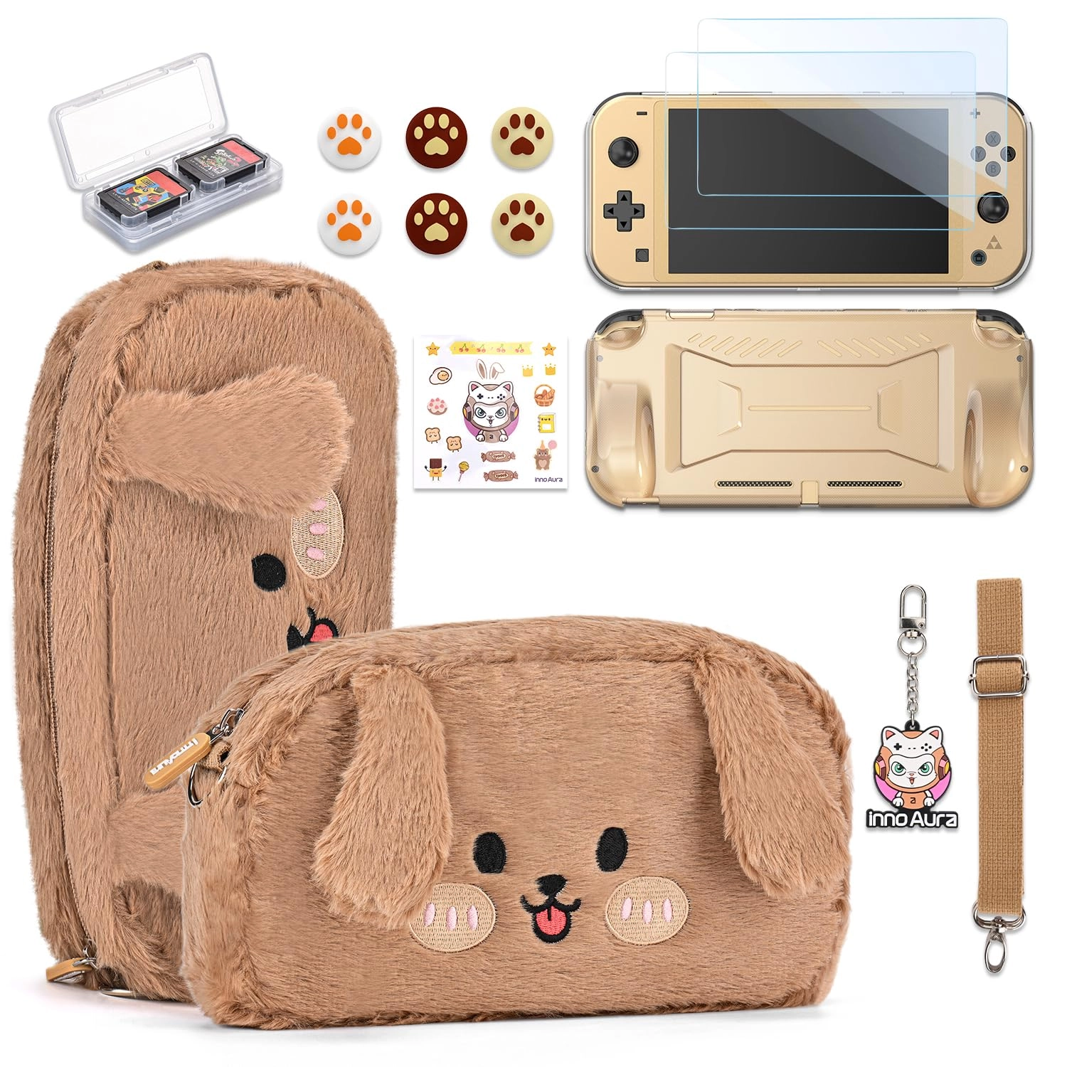 innoAura Switch Lite Carrying Case - Brown Dog + Switch Lite Screen Protector + Switch Game Case + Switch Thumb Caps