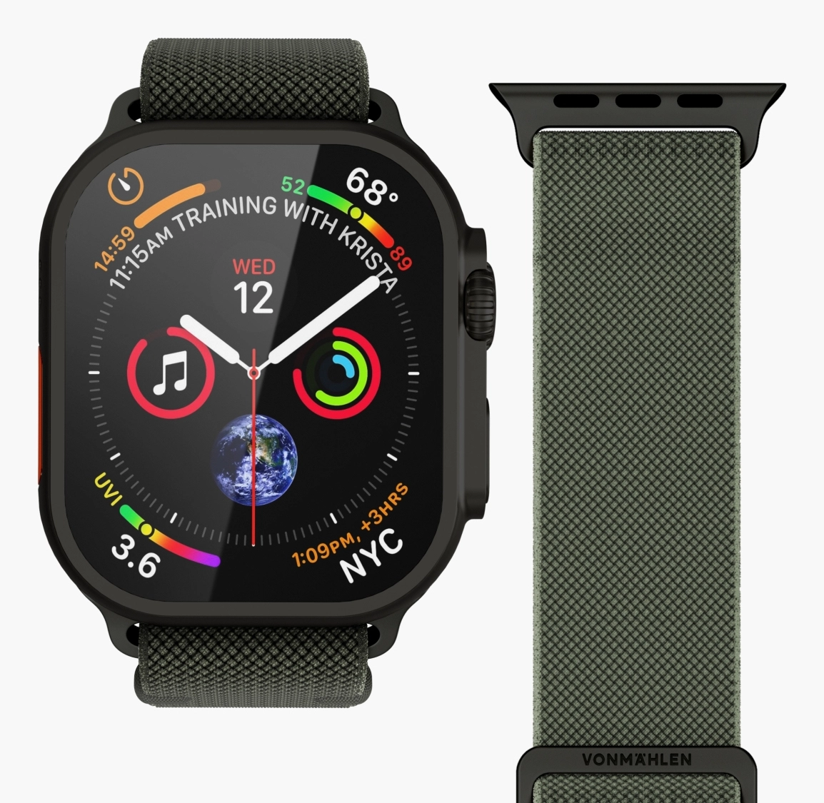 Watch Band for Apple Watch 44/45/46/49mm - Nylon Stepless adjustable clasp Olive Black One Size