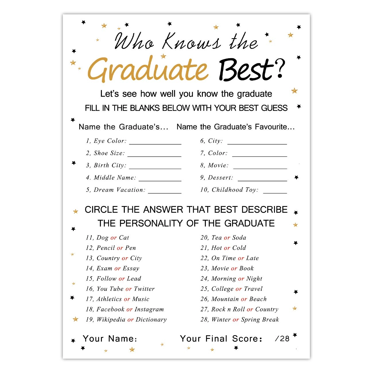 fibevon Graduation Party Game Cards - 36 pieces