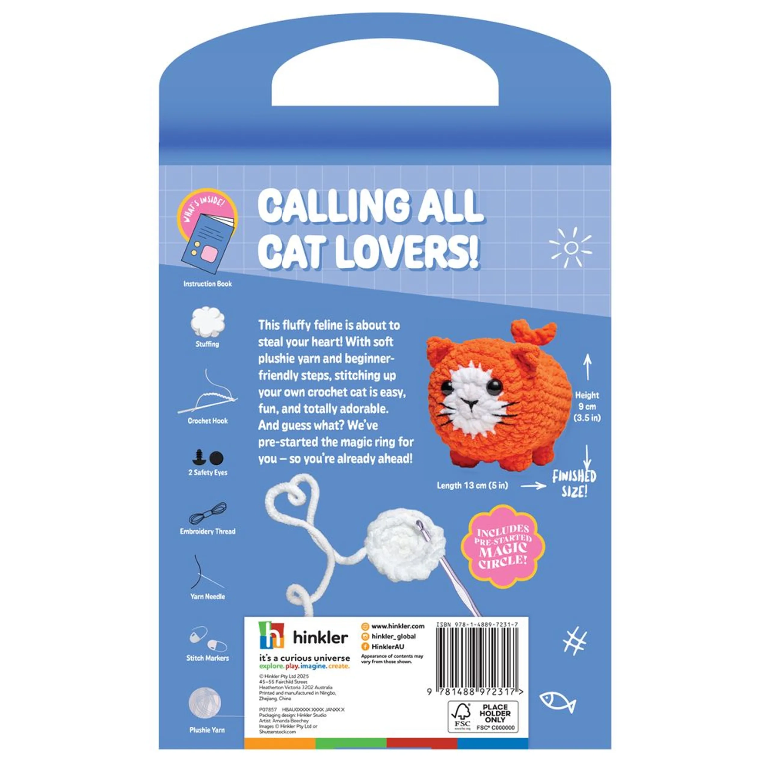 Oh My Craft! Crochet Plushie Craft Kit - Kiki Kitten - 16-page guidebook Chenille yarn