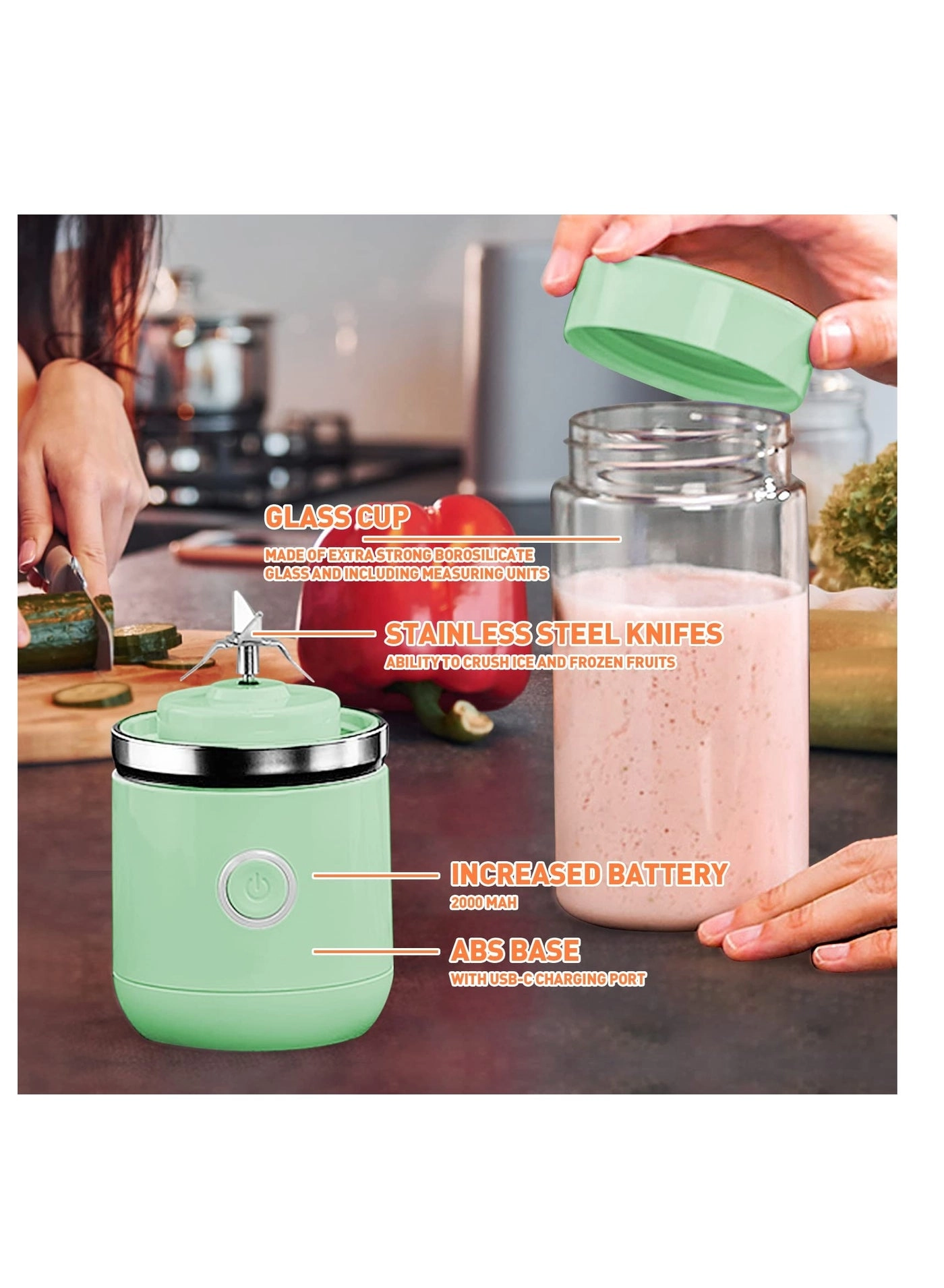 Portable Juice Blender - High Borosilicate Glass 4-Leaf Knife