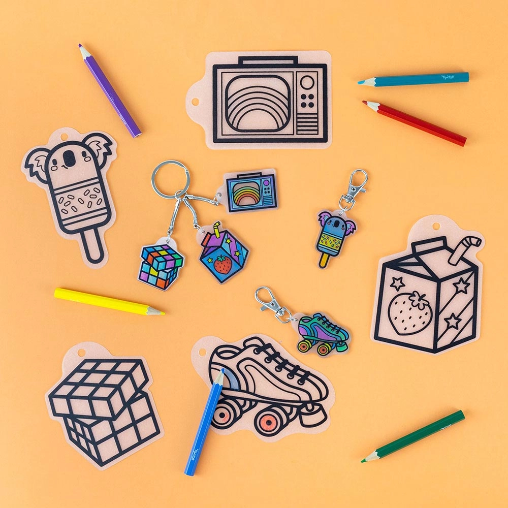 Shrinkorama - 5 pre-cut bag tag designs 3 keychains 6 coloured pencils