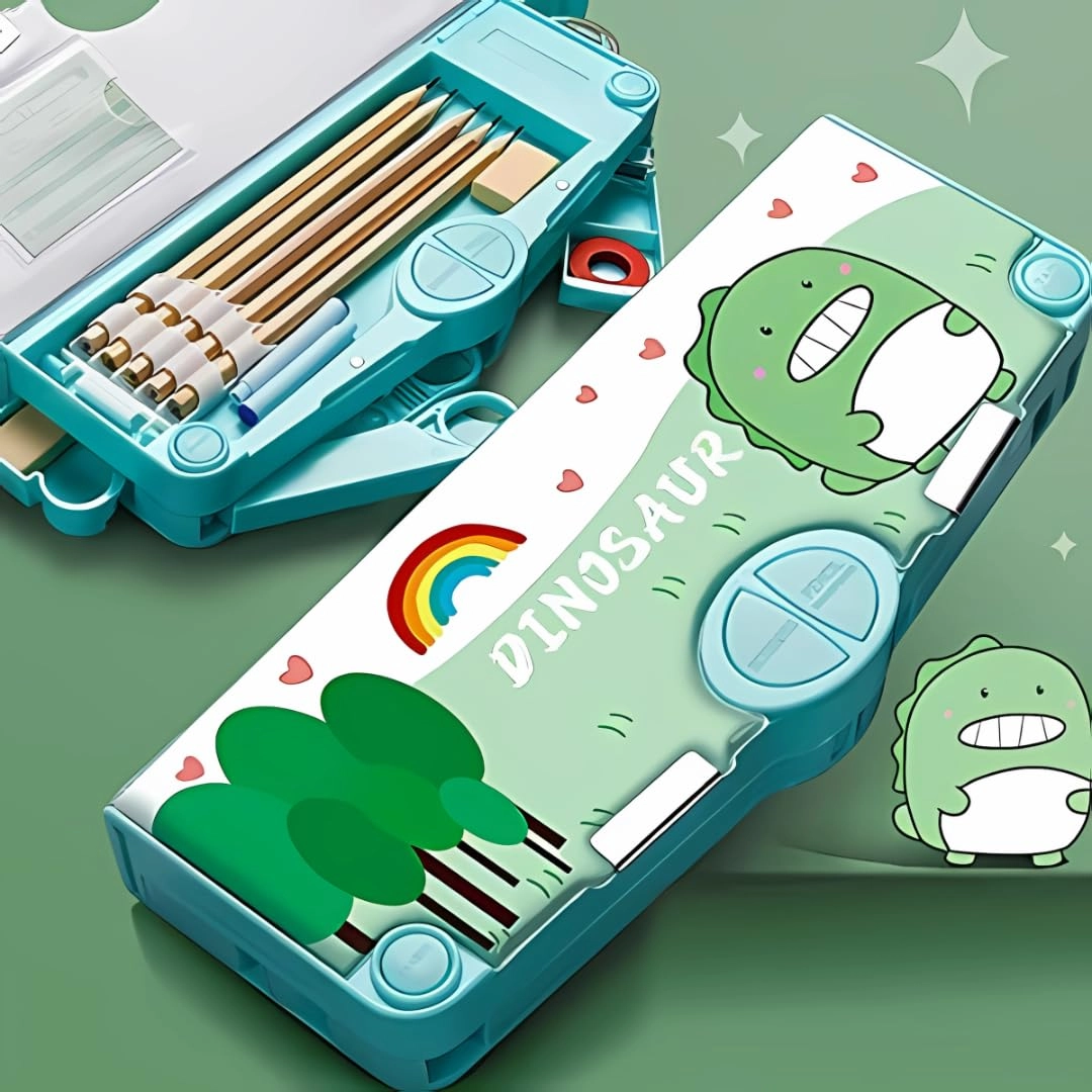 Storio, wecare@storio.in Pencil Box - Space & Dino Theme 4 Compartments Magnetic Lock