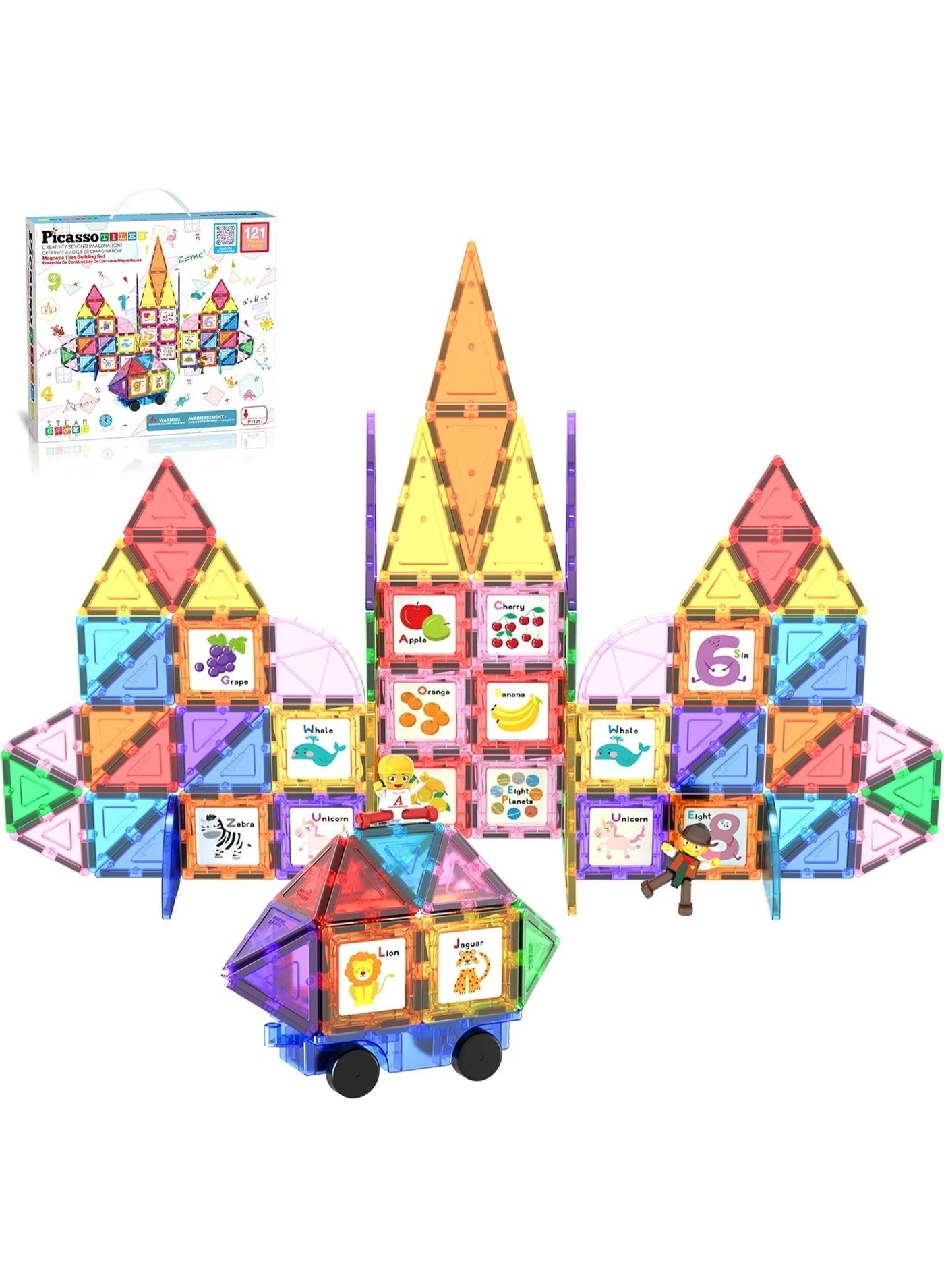 PicassoTiles Magnetic Tiles Graphic Building Blocks - 121 pcs