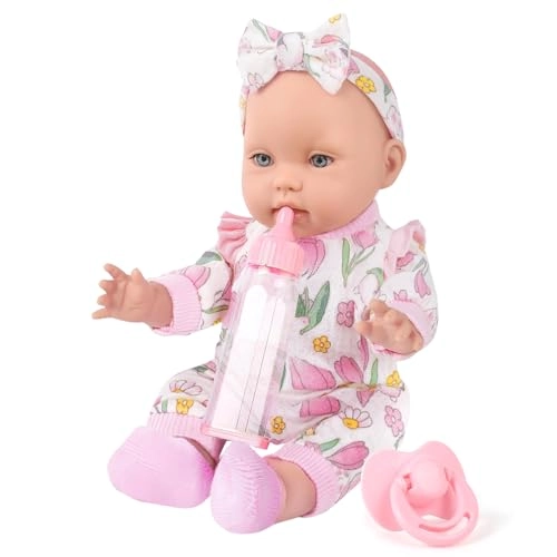 UZIDBTO Reborn Baby Doll - 12 Inch + Baby Doll Clothes + Backpack Carrier - Pink Flower Pattern + Nipple + Feeding Bottle + Diaper Ages 3+