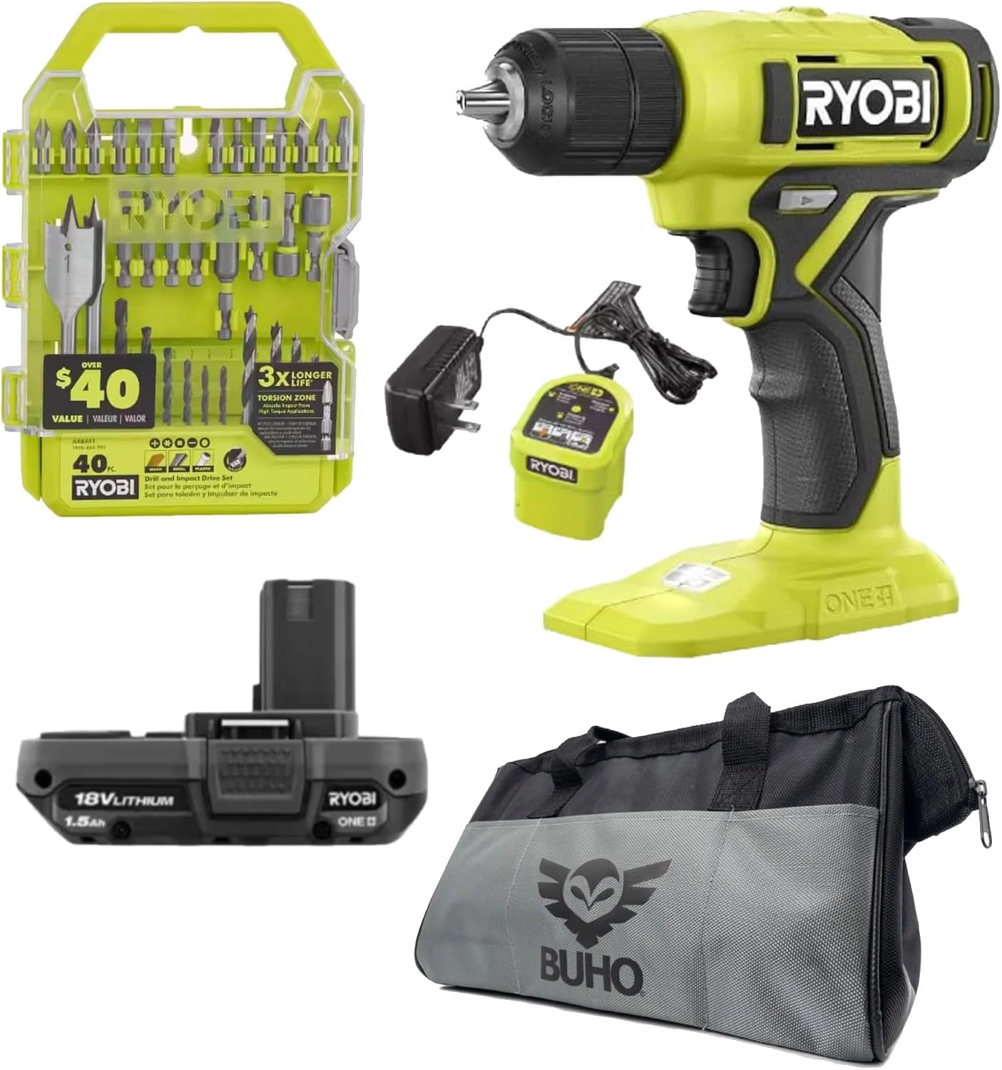 Ryobi Cordless Drill + Battery - 1.5 Ampere-hour 18 Volt + Battery Charger + Drill Bits + Tool Bag