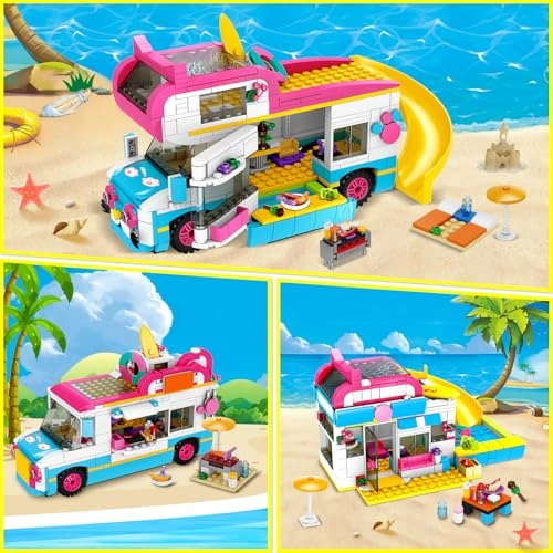 3-in-1 Girls Camper Van Building Set - Summer Beach Camping 494pcs