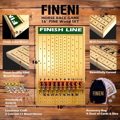 Horse Racing Game - 11 Metal Horses 16” Pine Wood Board Dice & Card