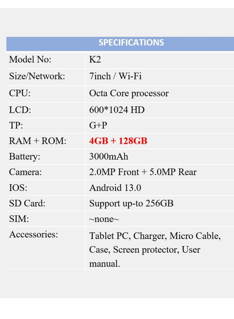 K2 Tablet - 4GB 7 Inch 128GB