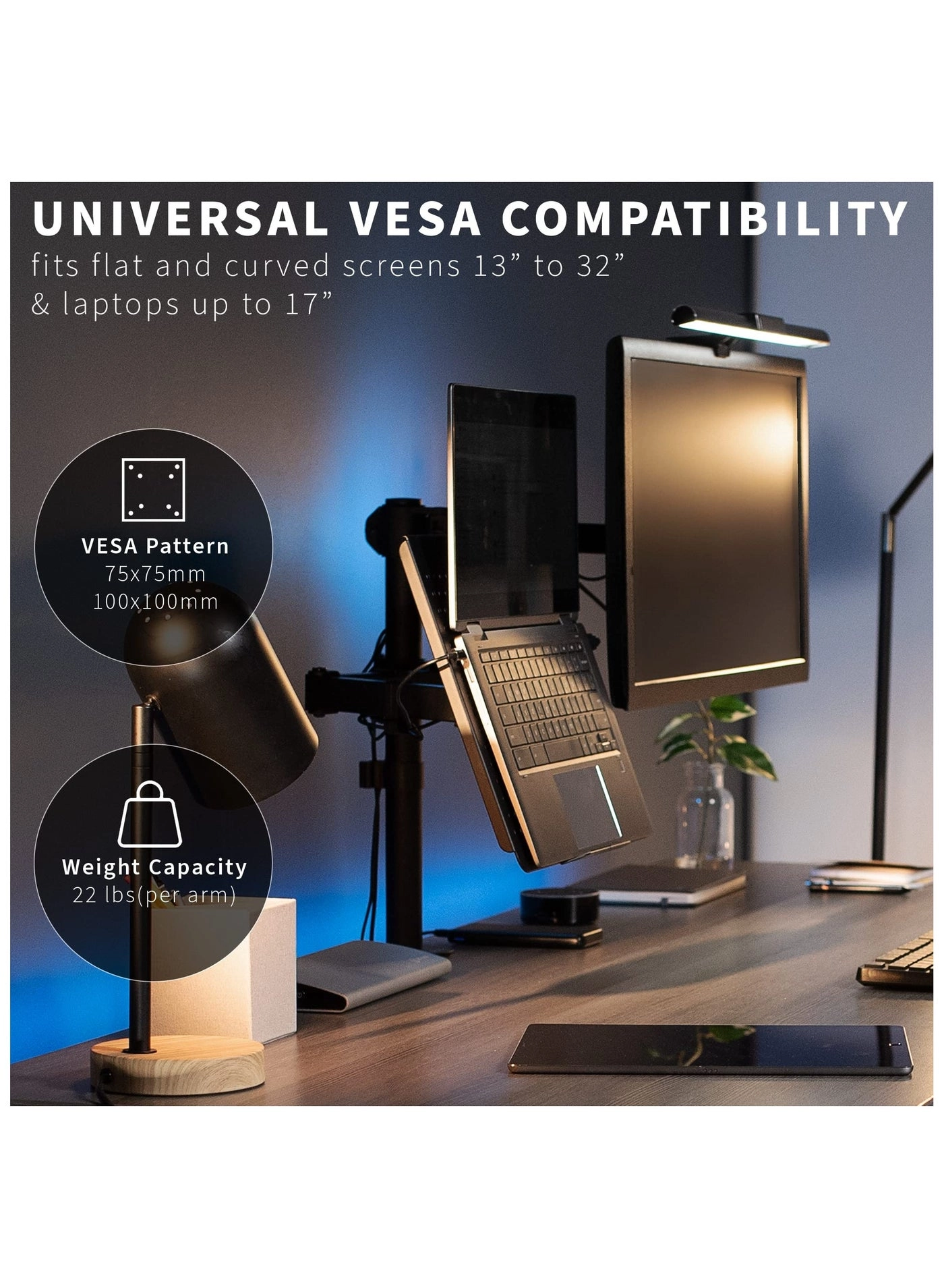 Monitor and Laptop Desk Mount - Single 13 to 32 inch 75x75mm 100x100mm