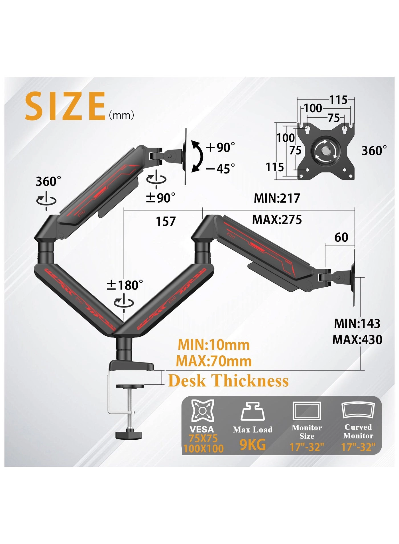Dual Monitor Arm - Dual 13-32 Inch 75x75/100x100mm