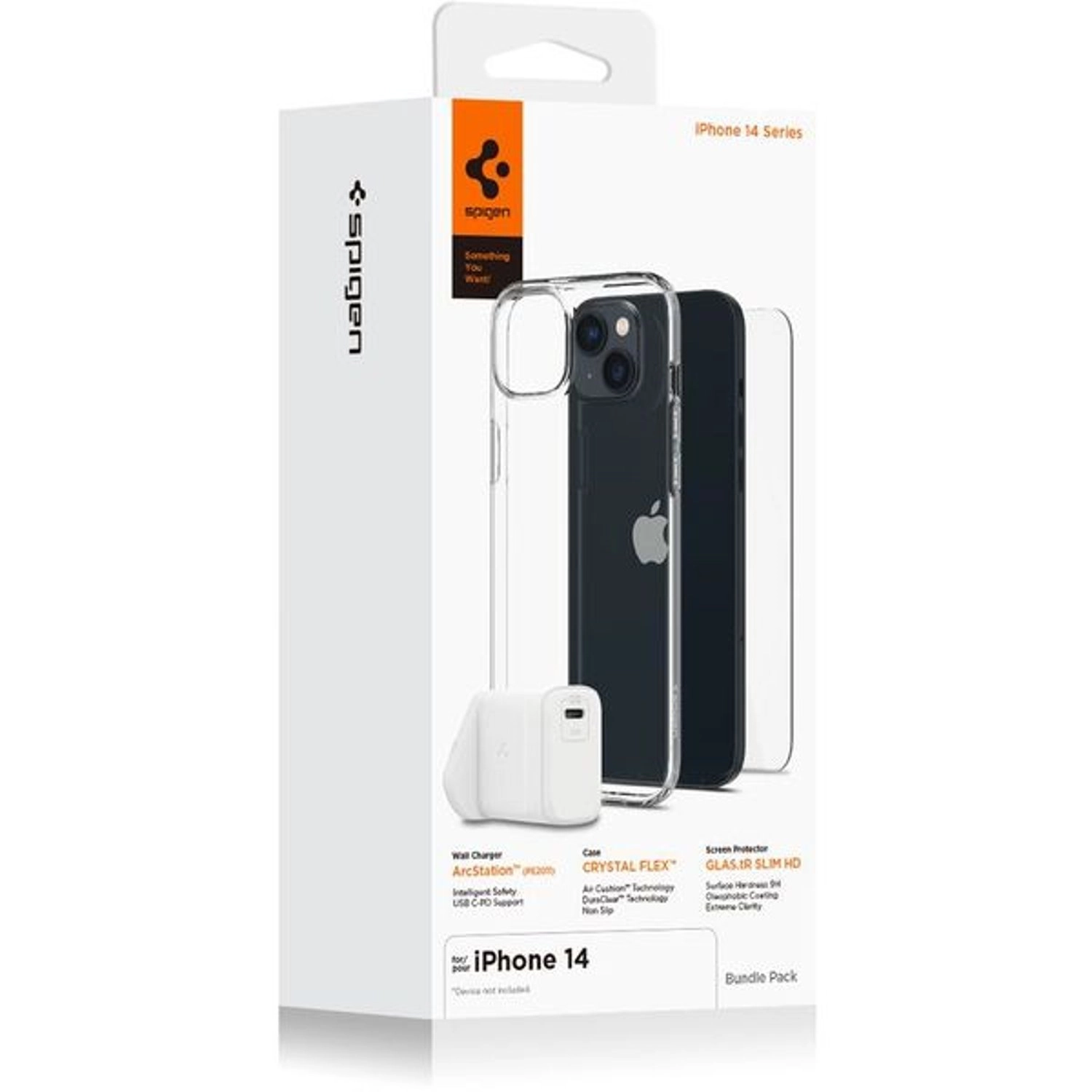 Spigen Clear Case - White + Screen Protector + 20W USB-C Wall Charger for iPhone 14