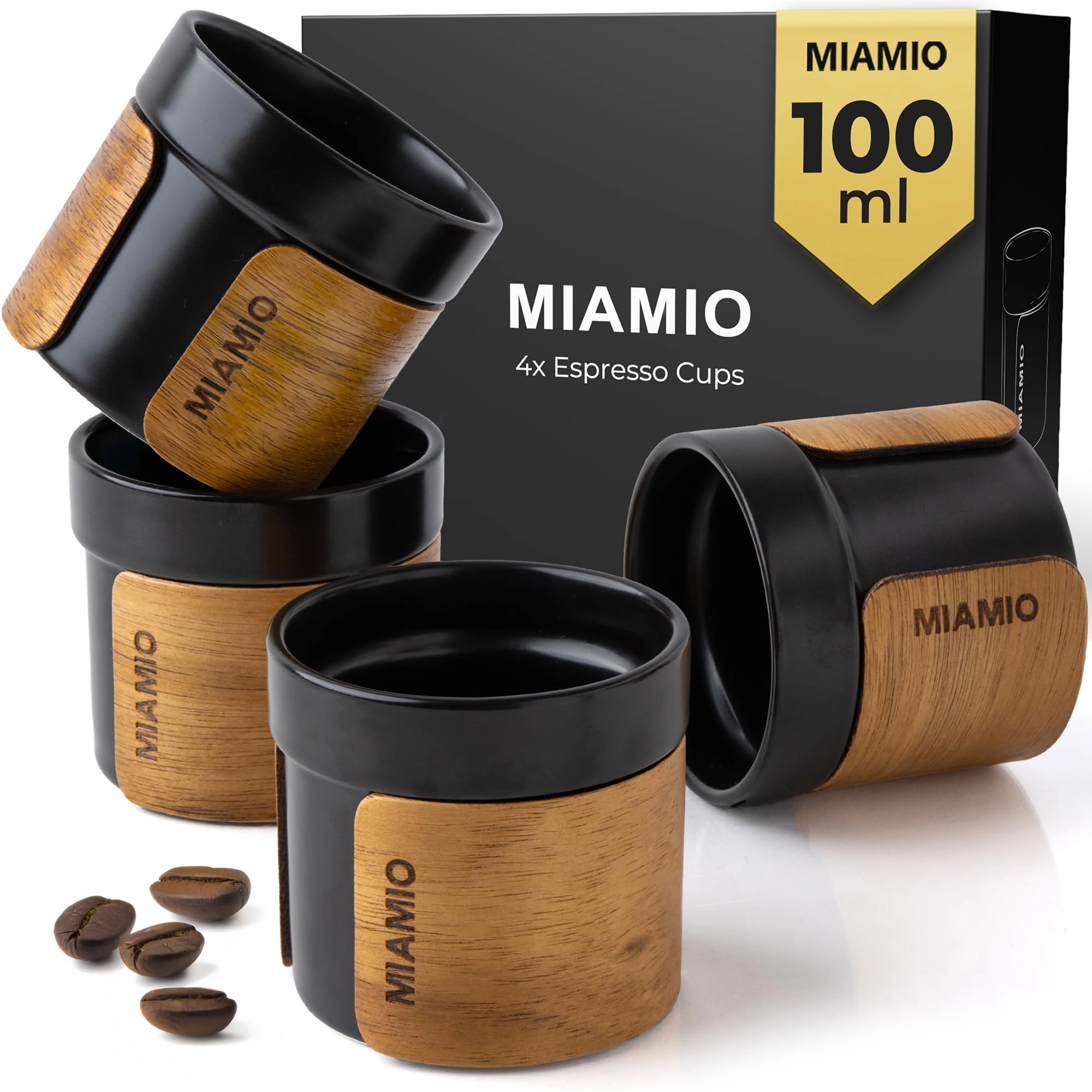Espresso Cup - 4 pcs - Handleless Removable Wooden Cuff - 100 ml