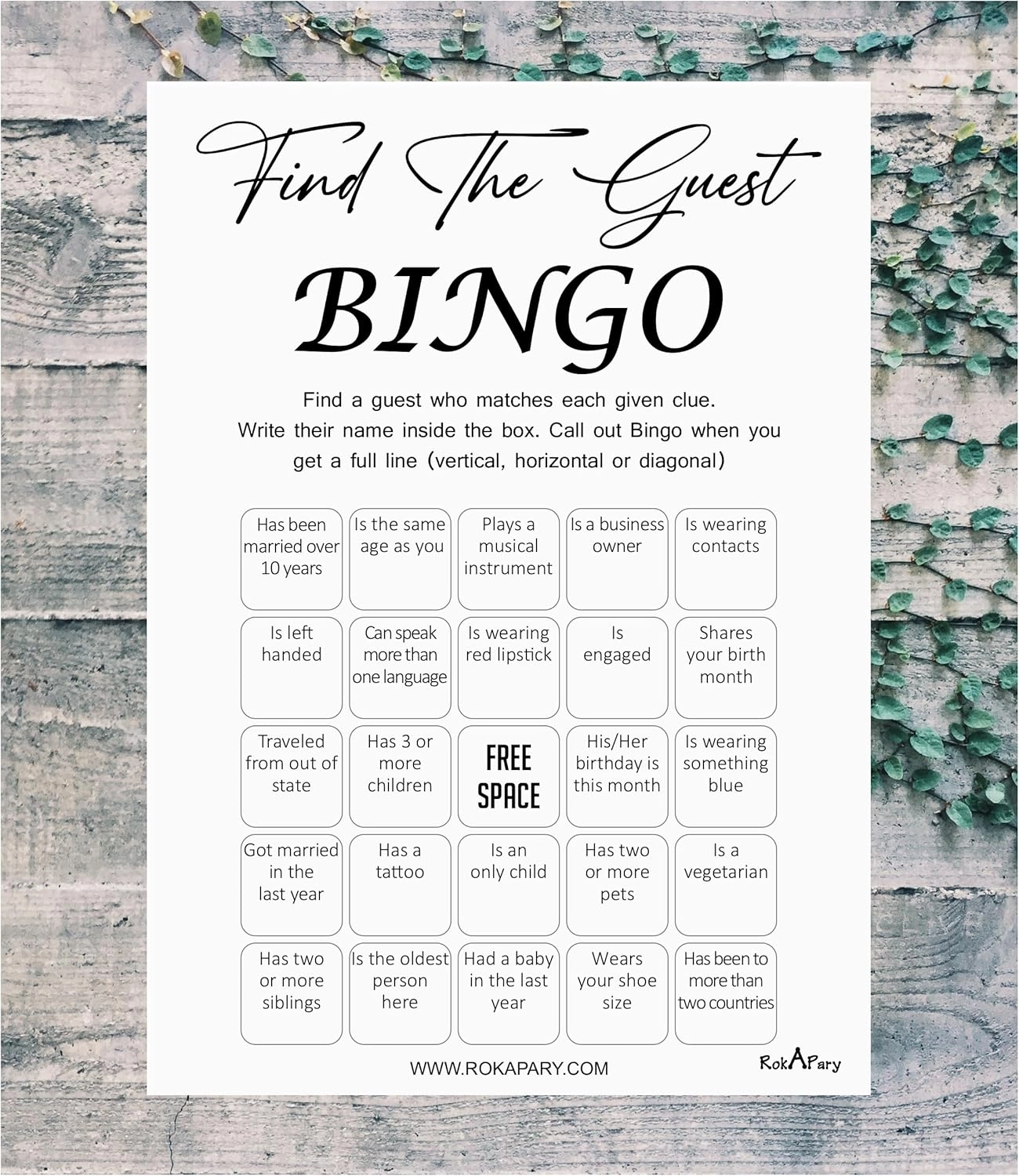 Find The Guest Bingo Game - Pack of 50 Cards 5x7