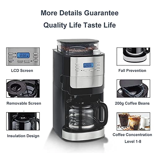 Drip Filter Coffee Machine - 1.8L 200g Integrated Grinder
