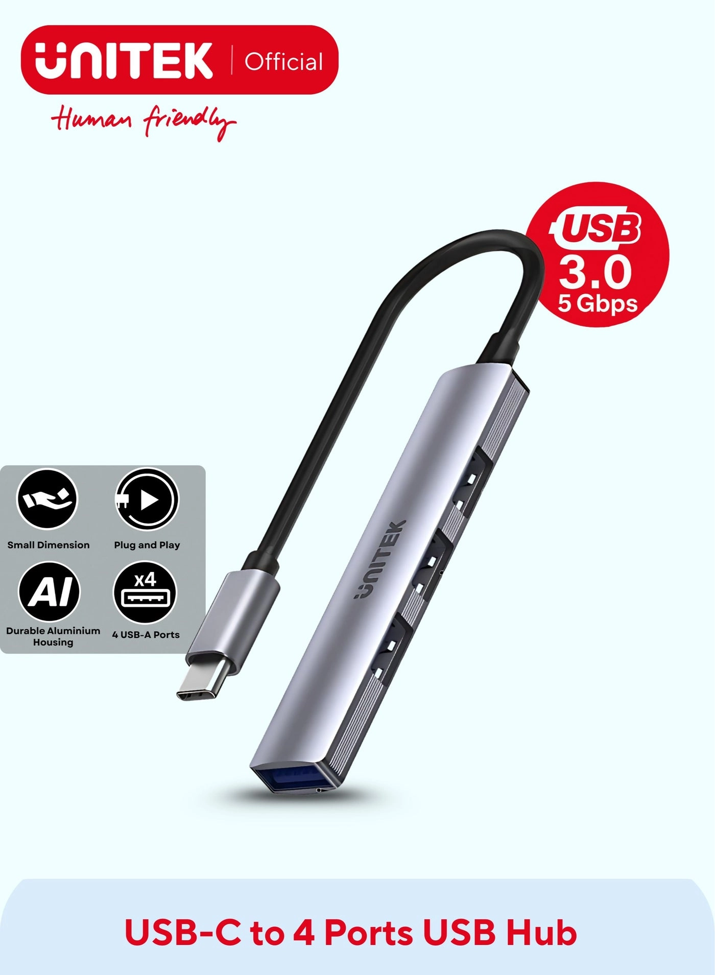 UNITEK USB-C TO 4 PORT USB-A HUB - 5Gbps 3x480Mbps