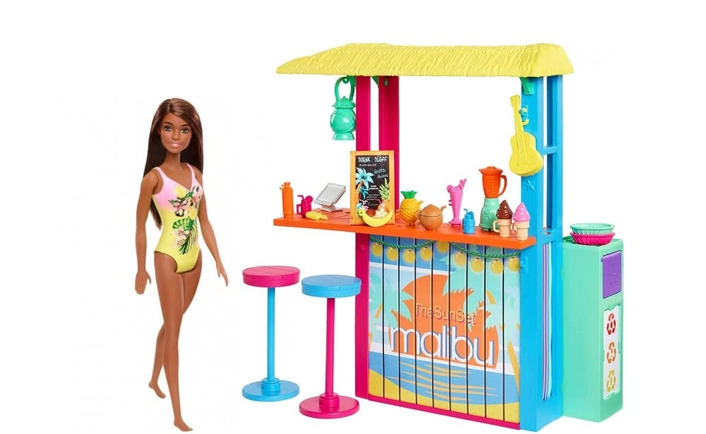 FashionFritz & Little Bitz Fashion Doll - 12" Dark Hair & Skin + Beach Shack Playset - Over 18 Accessories