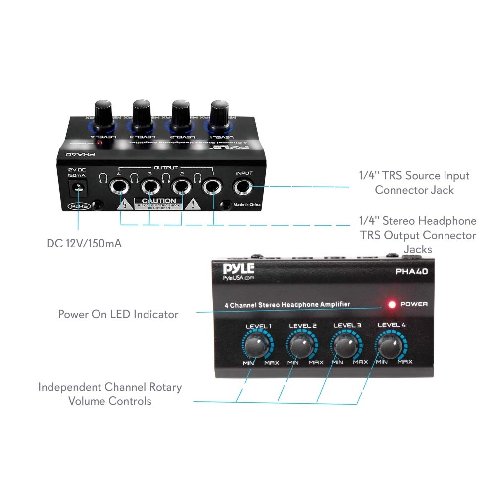 4-Channel Portable Stereo Headphone Amplifier - 4 ¼” Balanced TRS Headphones Output Jack 1/4" TRS Audio Input