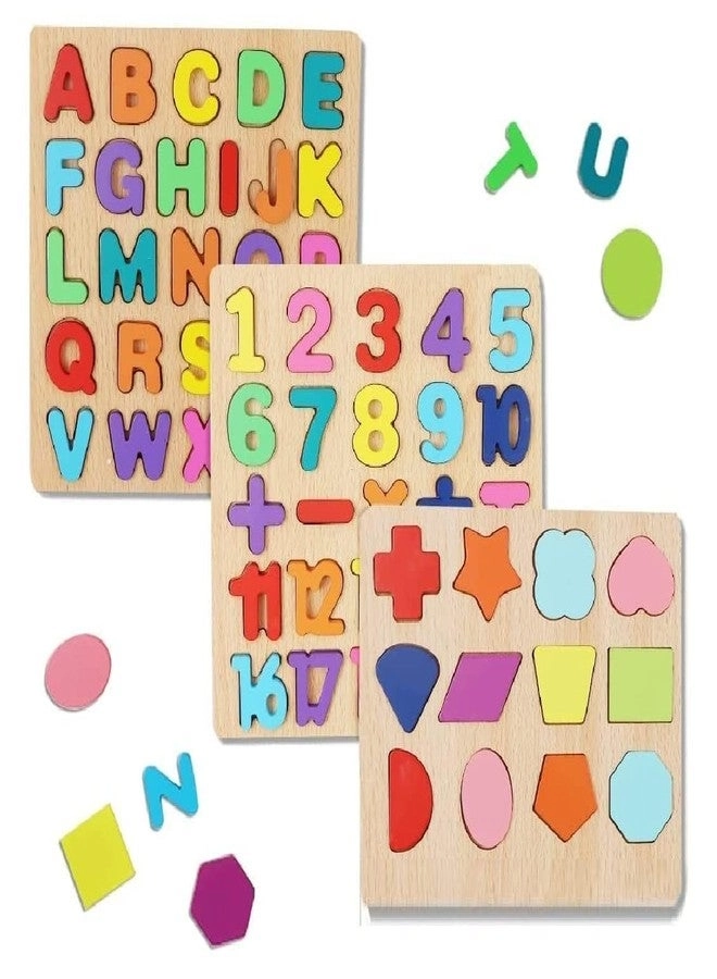 RUCHAA FASHION Wooden Alphabet Numbers and Shapes Puzzle Set - 3 pieces