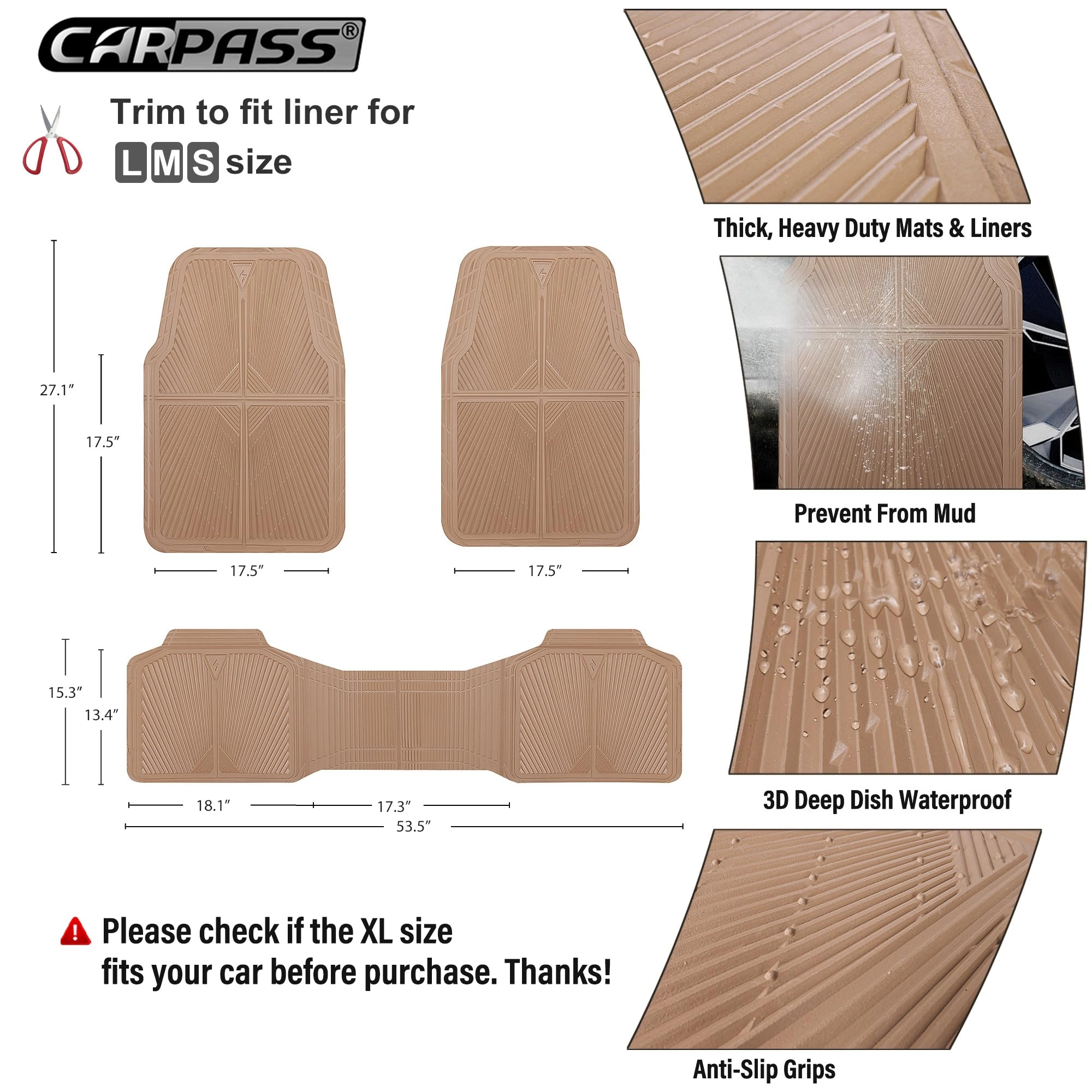 Rubber Floor Mats - All Weather Trim-to-Fit 3-Piece