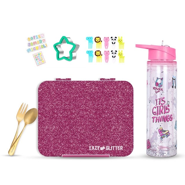 SAM BOX FZE Bento Lunch Box - Convertible 4/6 + Water Bottle - 550ml Double Wall + Spoon - Golden + Fork - Golden + Cutlery Bag