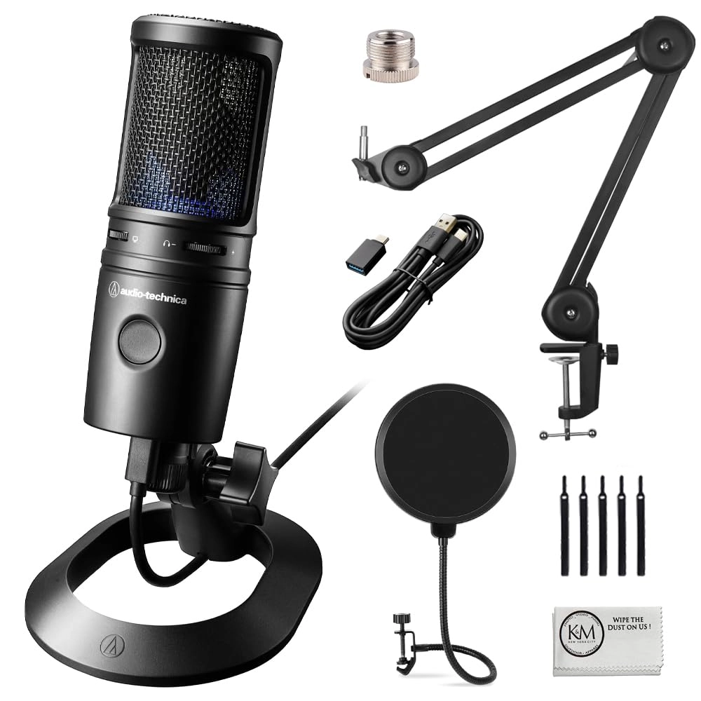 Audio-Technica AT2020USB-X USB Microphone Boom Arm + Wind Screen Pop Filter + Microfiber Cleaning Cloth