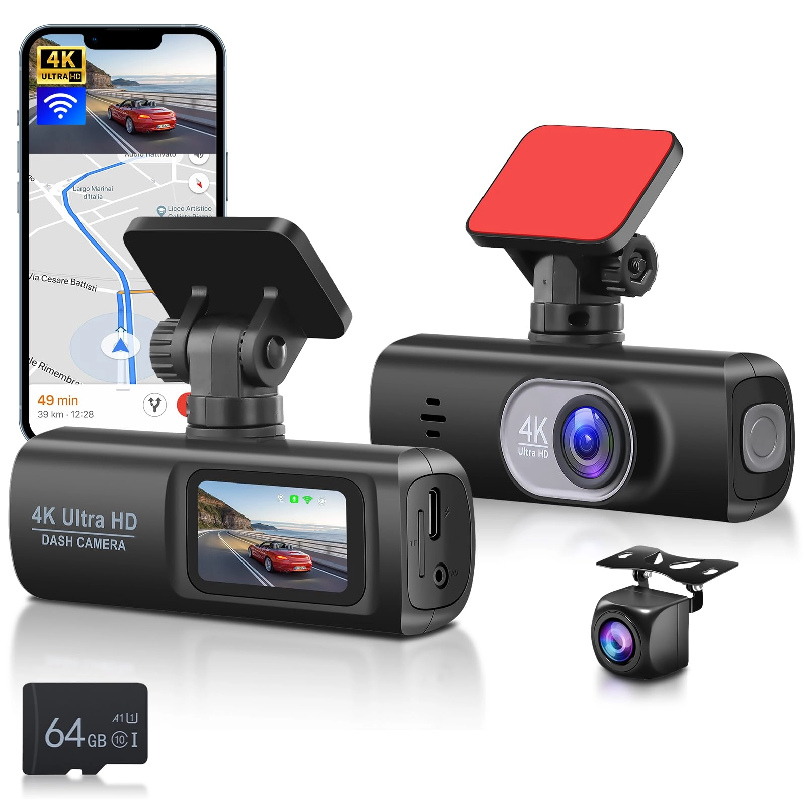 Dashcam - 4K (3840 x 2160 pixels) + 1080p (1920 x 1080 pixels)