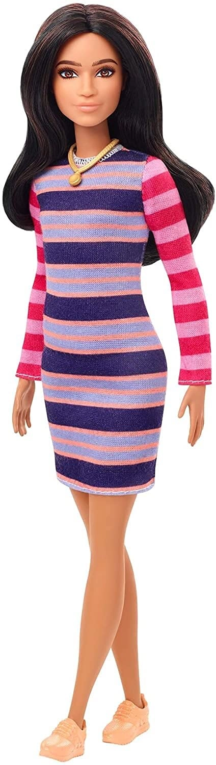 Barbie Fashionistas - Long Brunette Hair Striped Dress Ages 3+