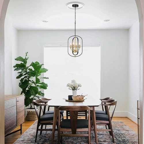 Dining Room Chandelier - Black and Gold 4 Lights Adjustable Height