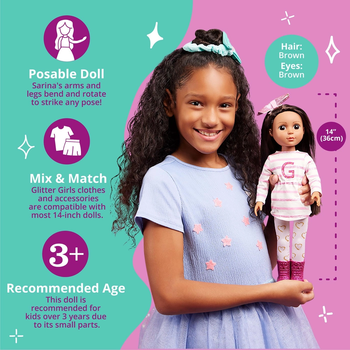 Sarinia Fashion Doll - Straight Brown Hair Brown Eyes Striped Tunic Ages 3+