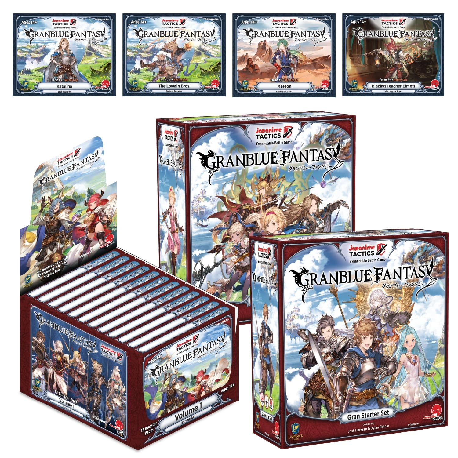 Japanime Games Japanime Tactics: Granblue Fantasy - Gran Starter Set + Djeeta Starter Set + Expansion Volume 1 - Box of 12 Expansion Packs + Promo Character Packs (Katalina, The Lowain Bros, Meteon, Blazing Teacher Elmott)