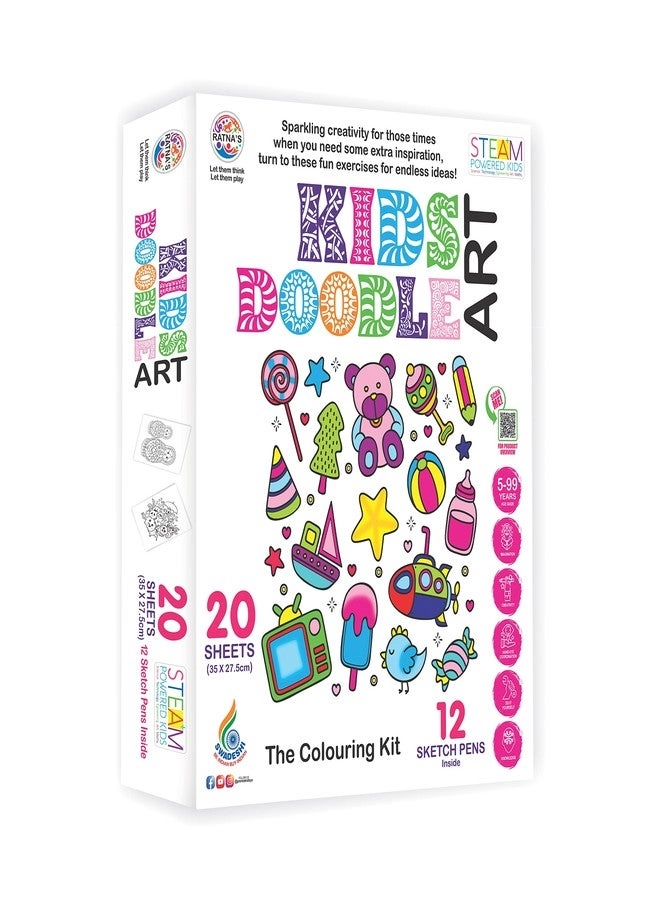 RATNA'S Kids Doodle Art Colouring Kit - 20 Sheets 12 Sketch Pens