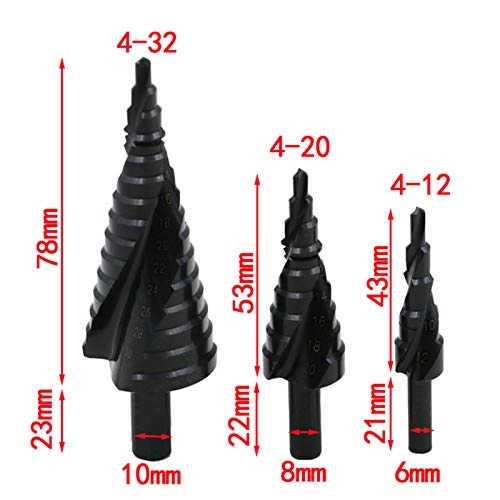 Spiral Grooved Step Drill Bit Set - High Speed Steel Titanium Coated 3pcs 4-32mm/4-20mm/4-12mm