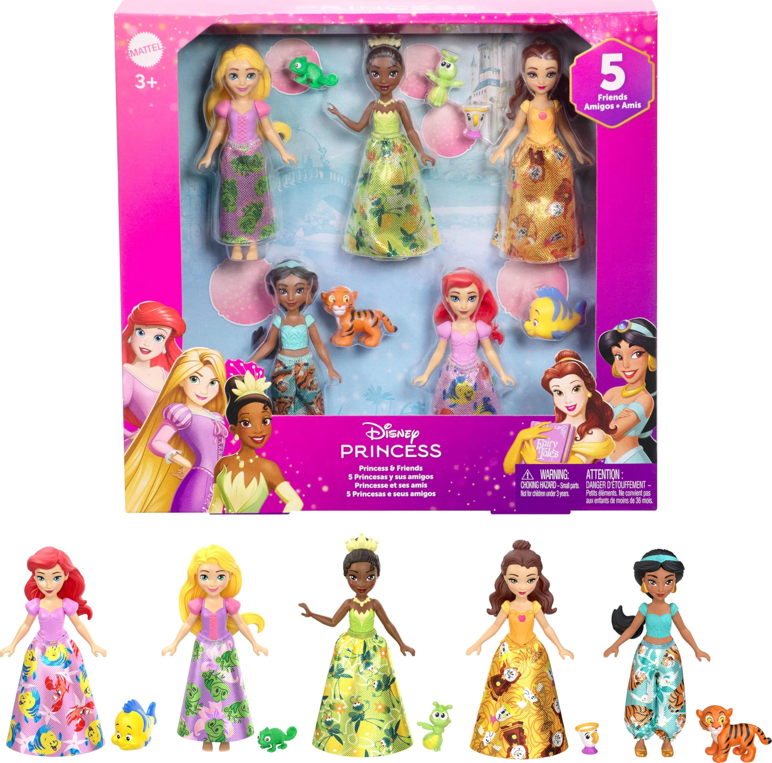Mattel Disney Princess & Friend Multipack - 5 Jointed Mini Dolls 5 Matching Friends Ages 3+